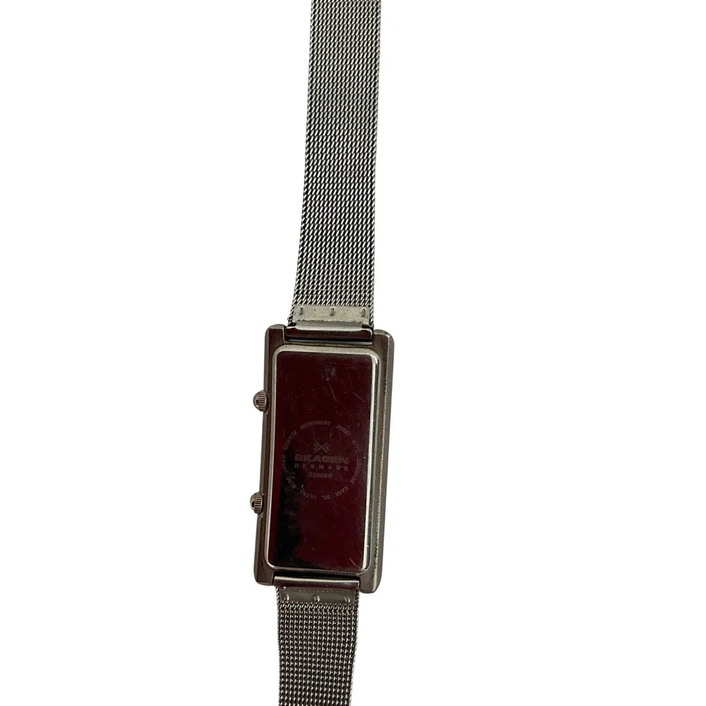 Skagen Denmark Dual Time Zone Silver Mesh Watch Women White Dial Rectangular